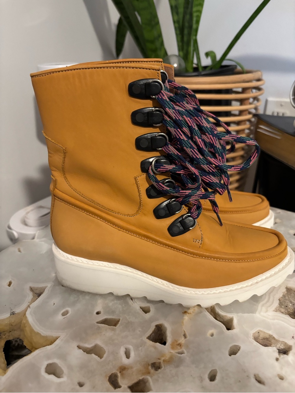Free People Women’s Chunky Lug Sole Leather Ankle Boots in Cognac